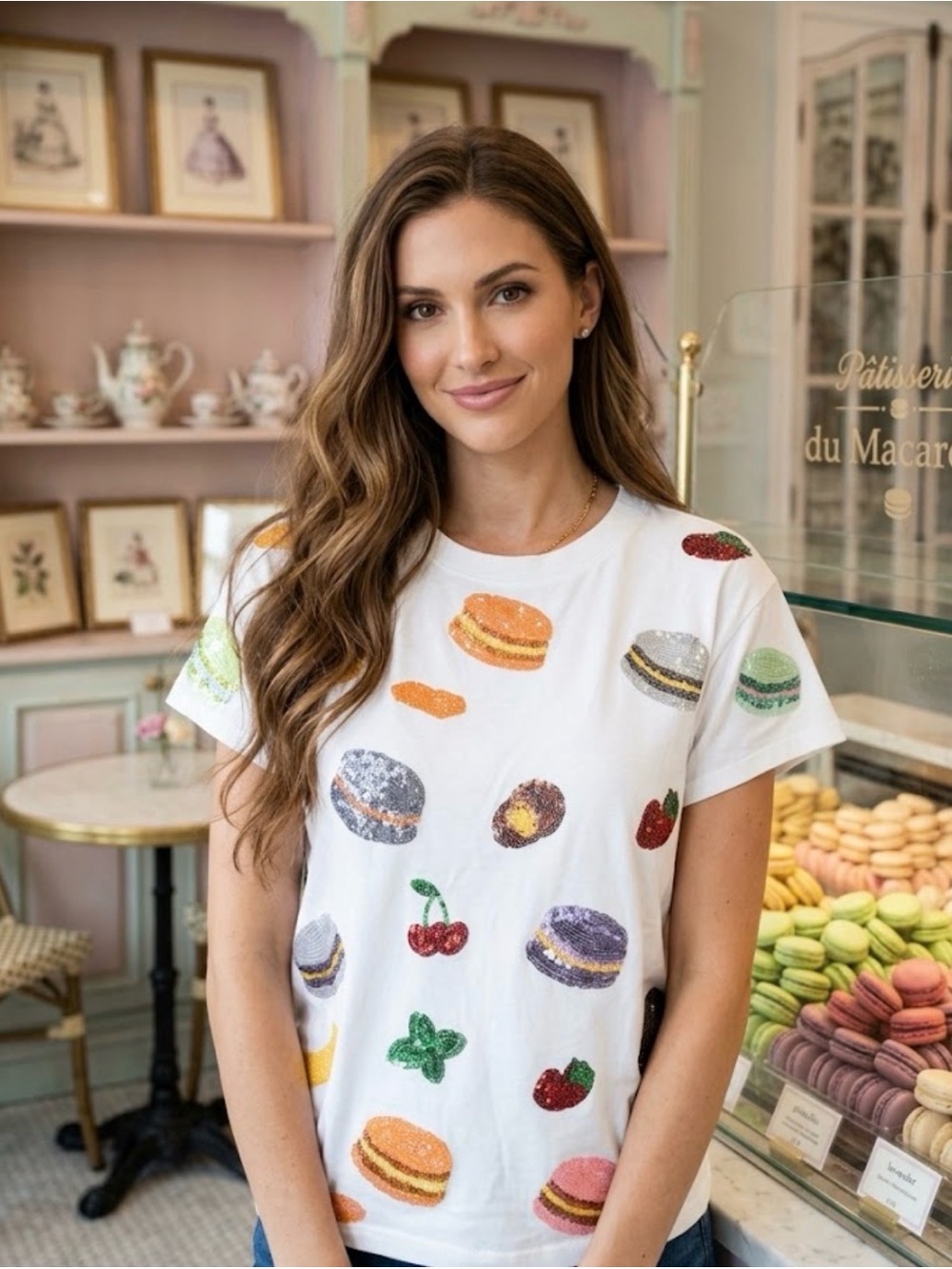 New! QUEEN OF SPARKLES Sequin Macaroon & Fruit Tee